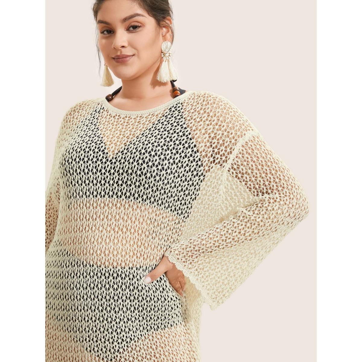 Plus Size Plain Textur Pointelle Knit Bell Sleeve Swim Cover Up Women's Swimwear Ivory Beach Cut-Out Curve Swim Cover Ups BloomChic 18-20/2X Product Image