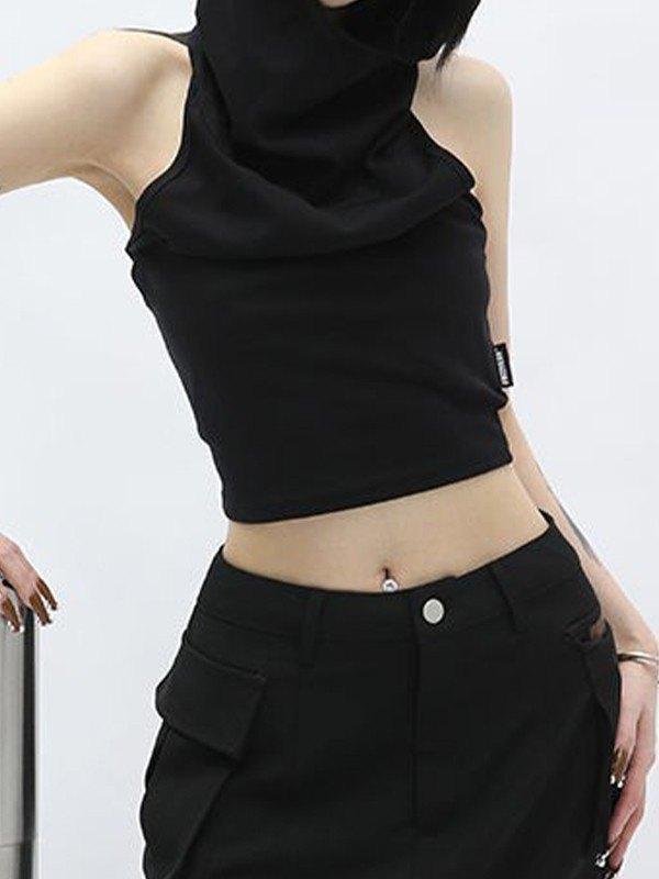 Black Halter Hooded Cropped Tank Top Product Image