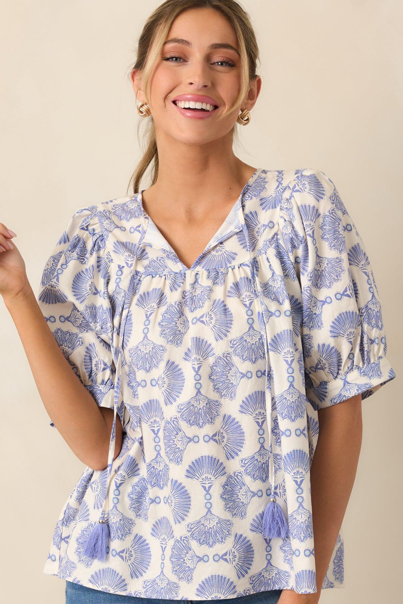 River Cruise Cotton Blue Print Blouse Product Image