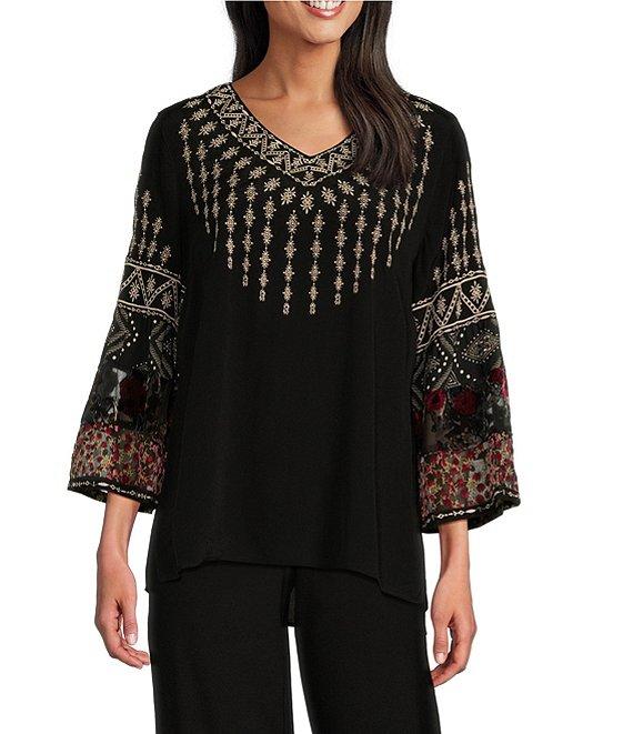 John Mark Geometric Floral Embroidered V-Neck 3/4 Sleeve Velvet Burnout Top Product Image