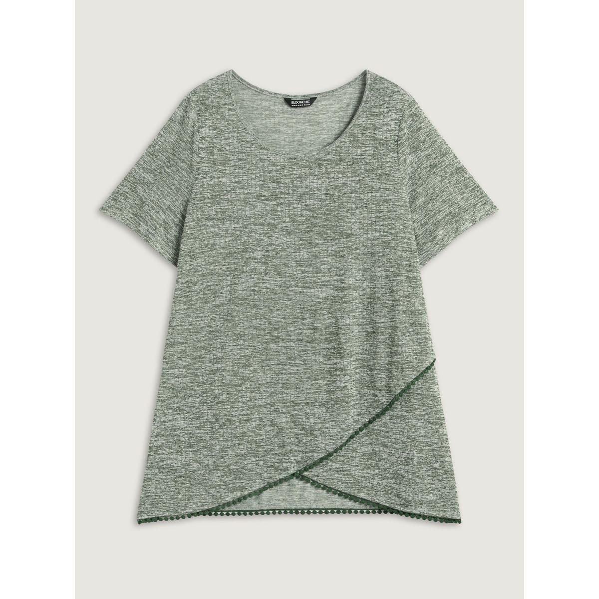 Plus Size Heather Lace Overlap Hem Solid T-Shirt Moss Women Leisure Overlapping Round Neck Loose Casual T-shirts BloomChic 22-24/3X Product Image