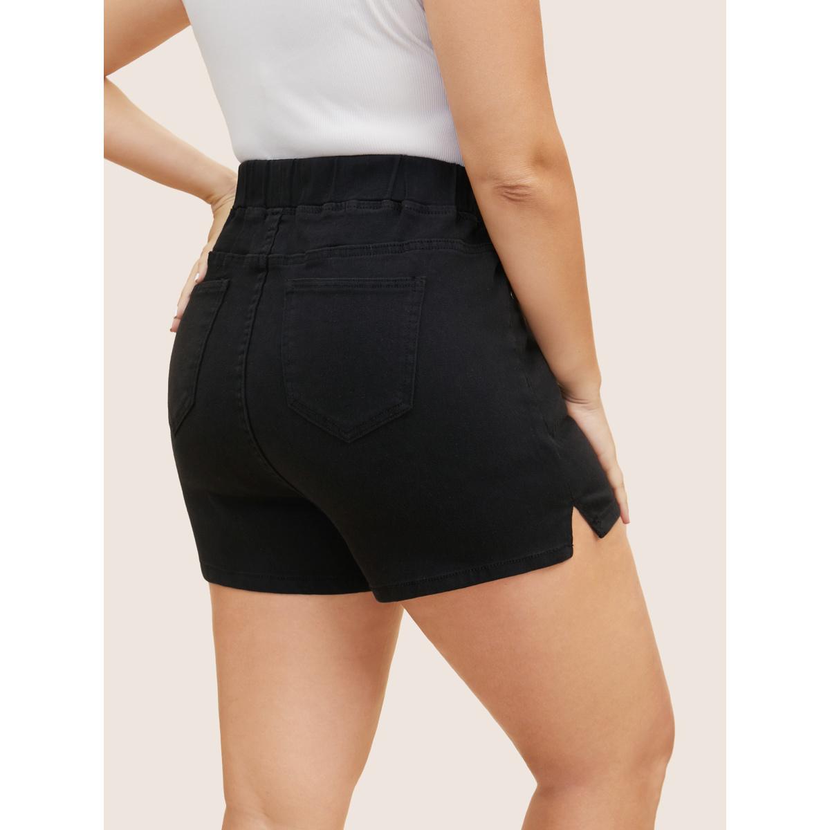 Plus Size Black Wash Slit Hem Slim Denim Shorts Women Denimblack Slit High stretch Everyday Slanted pocket Casual Denim Shorts BloomChic 22/3X Product Image