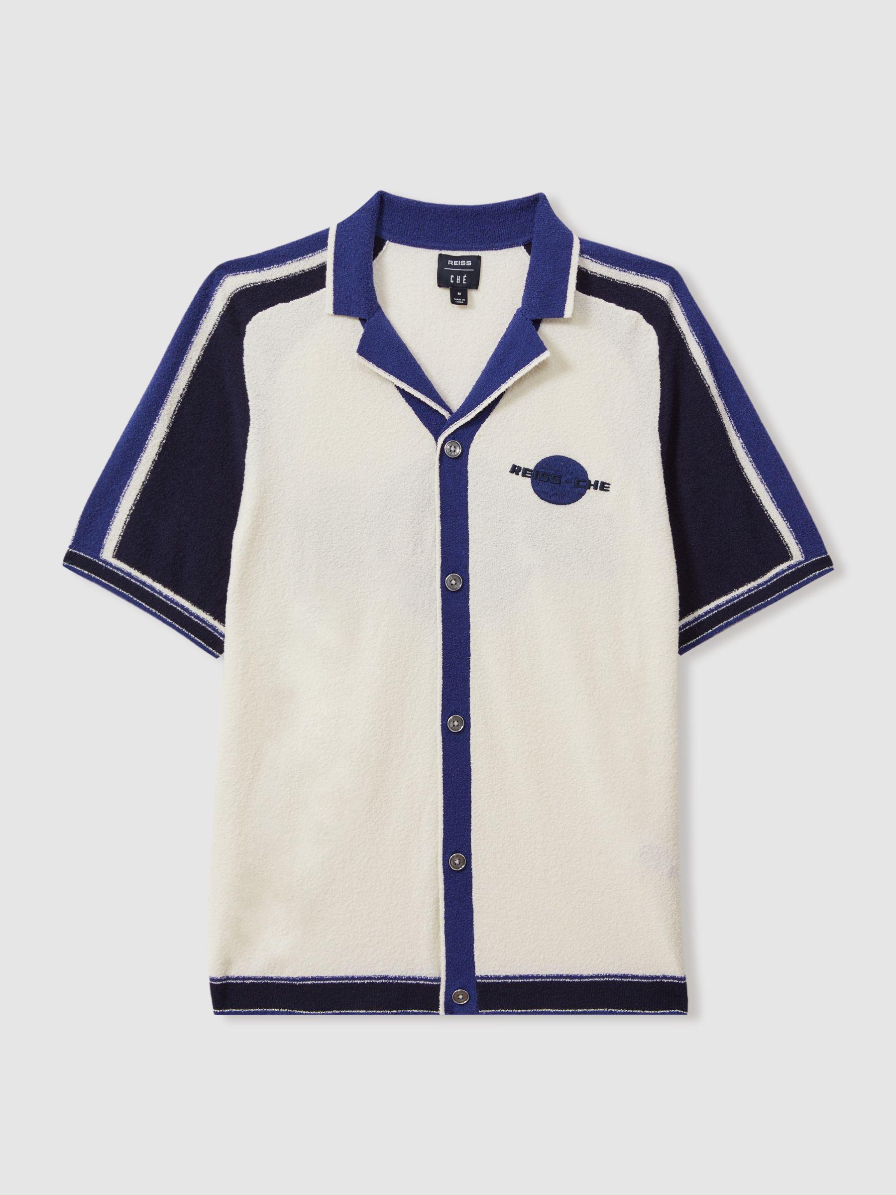 Reiss | Ché Towelling Cuban Collar Shirt in White/Blue Product Image