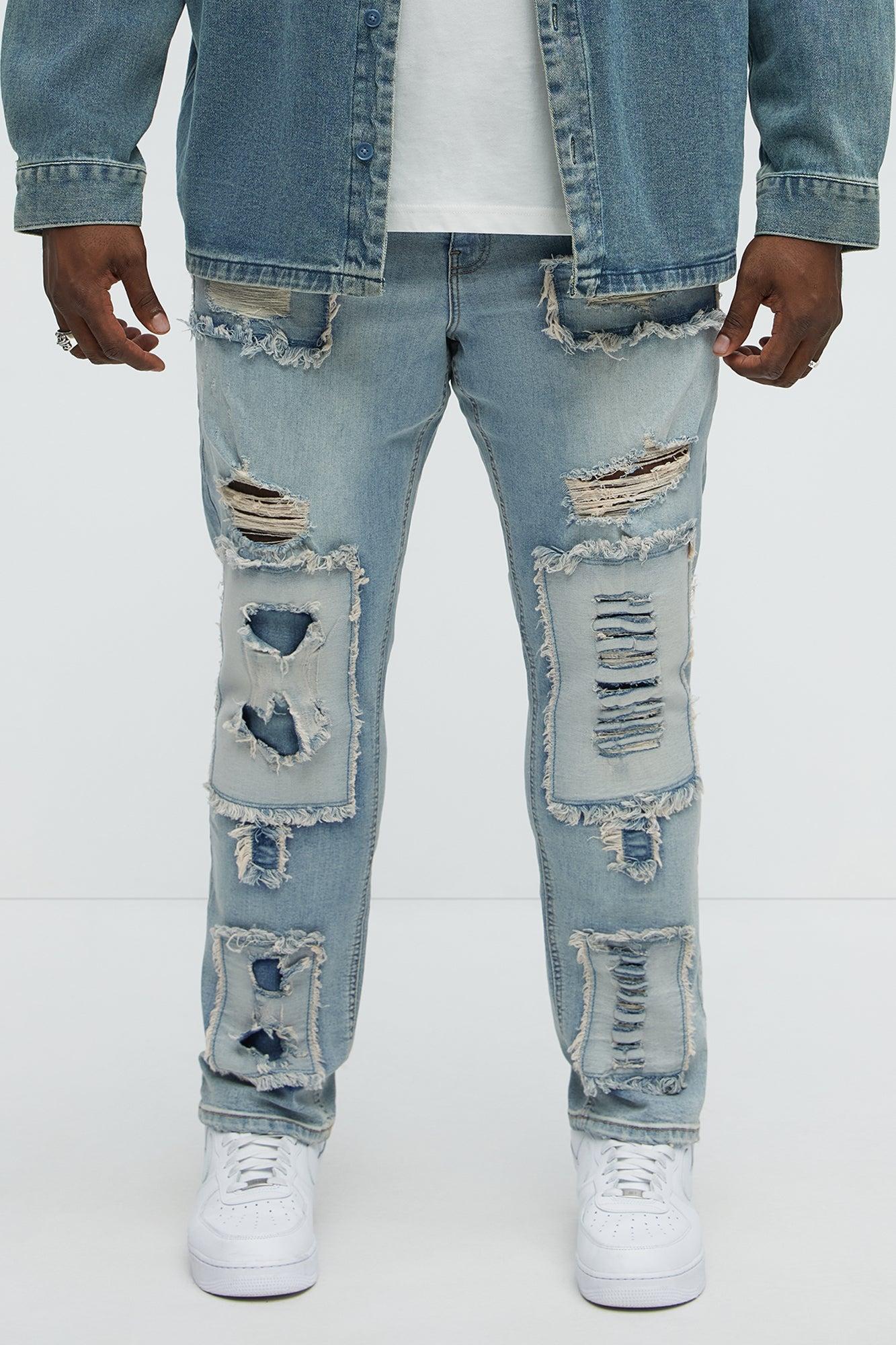 Shredded Patchwork Skinny Jeans - Light Wash Male Product Image