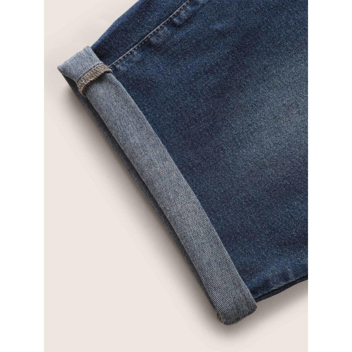 Plus Size Roll Hem Elastic Waist Dark Wash Denim Shorts Women Stone Roll Hem Mid Rise High stretch Casual Slanted pocket Leisure Denim Shorts BloomChic 14/1X Product Image