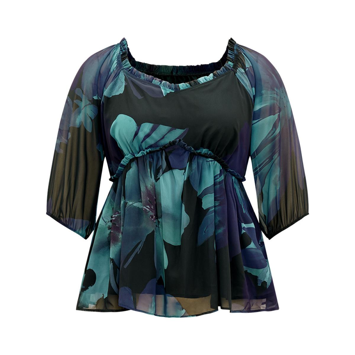 Plus Size Cyan Square Neck Floral Frill Trim Mesh Ruffles Blouse Women Elegant Elbow-length sleeve Square Neck Dailywear Blouses BloomChic 14-16/1X Product Image