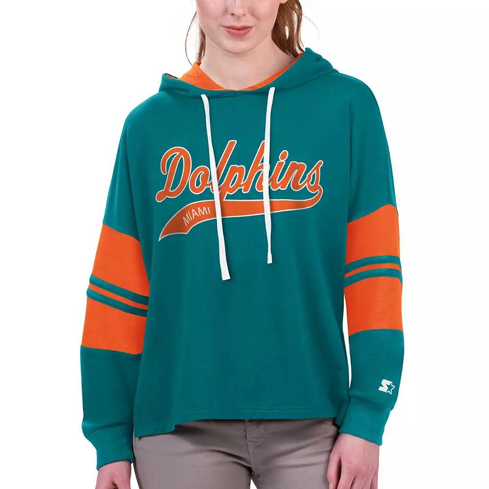 Women's Starter Aqua Miami Dolphins Bump And Run Long Sleeve Hoodie T-Shirt,  Product Image