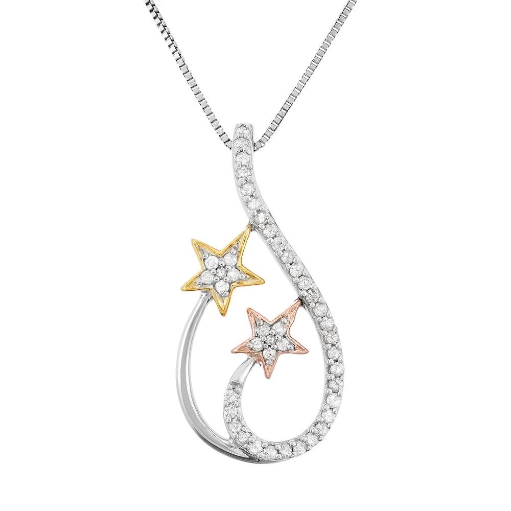 1/5 Carat T.W. Diamond Sterling Silver and 18k Gold Tri-Tone Star Teardrop Pendant Necklace, Women's, Size: 18", White Product Image