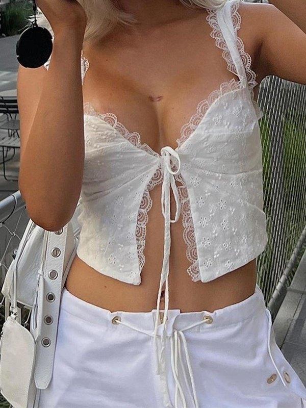 Lace Trim Backless Strappy Tie Corset Top Product Image