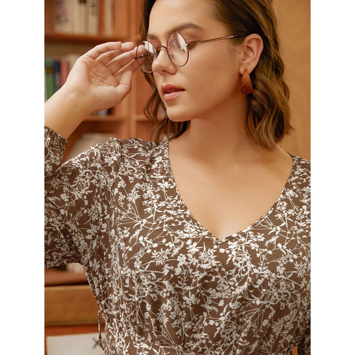 Plus Size Ditsy Floral Lantern Sleeve Pocket Belted Dress Bronze Women Elegant Belted V-neck Long Sleeve Curvy Midi Dress BloomChic 10/M Product Image