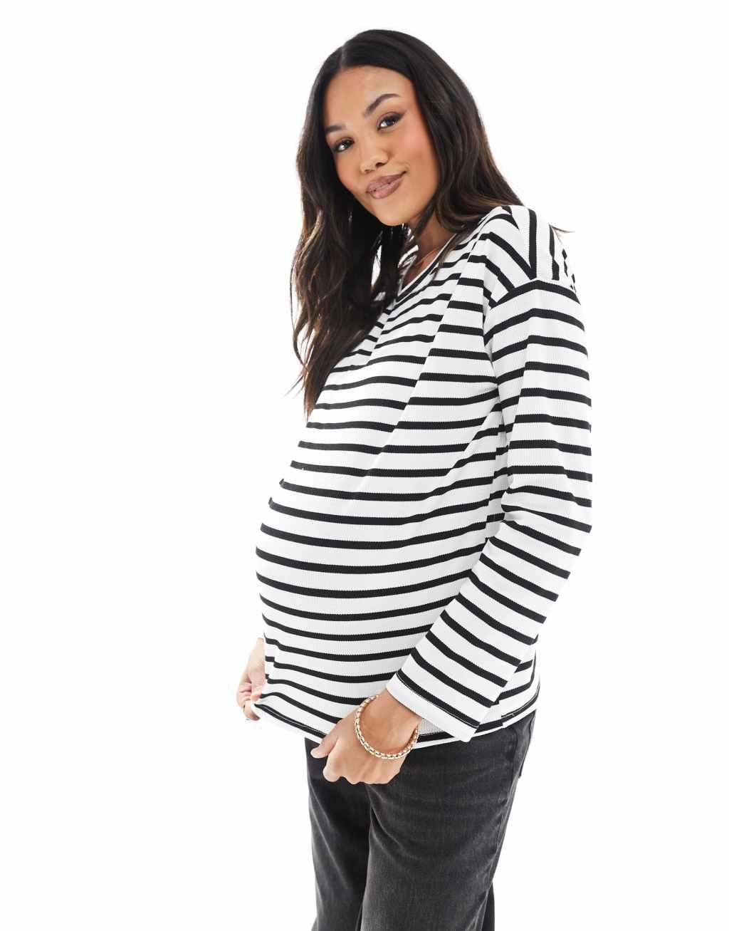 Mamalicious Maternity long sleeved waffle jersey top in mono stripe Product Image