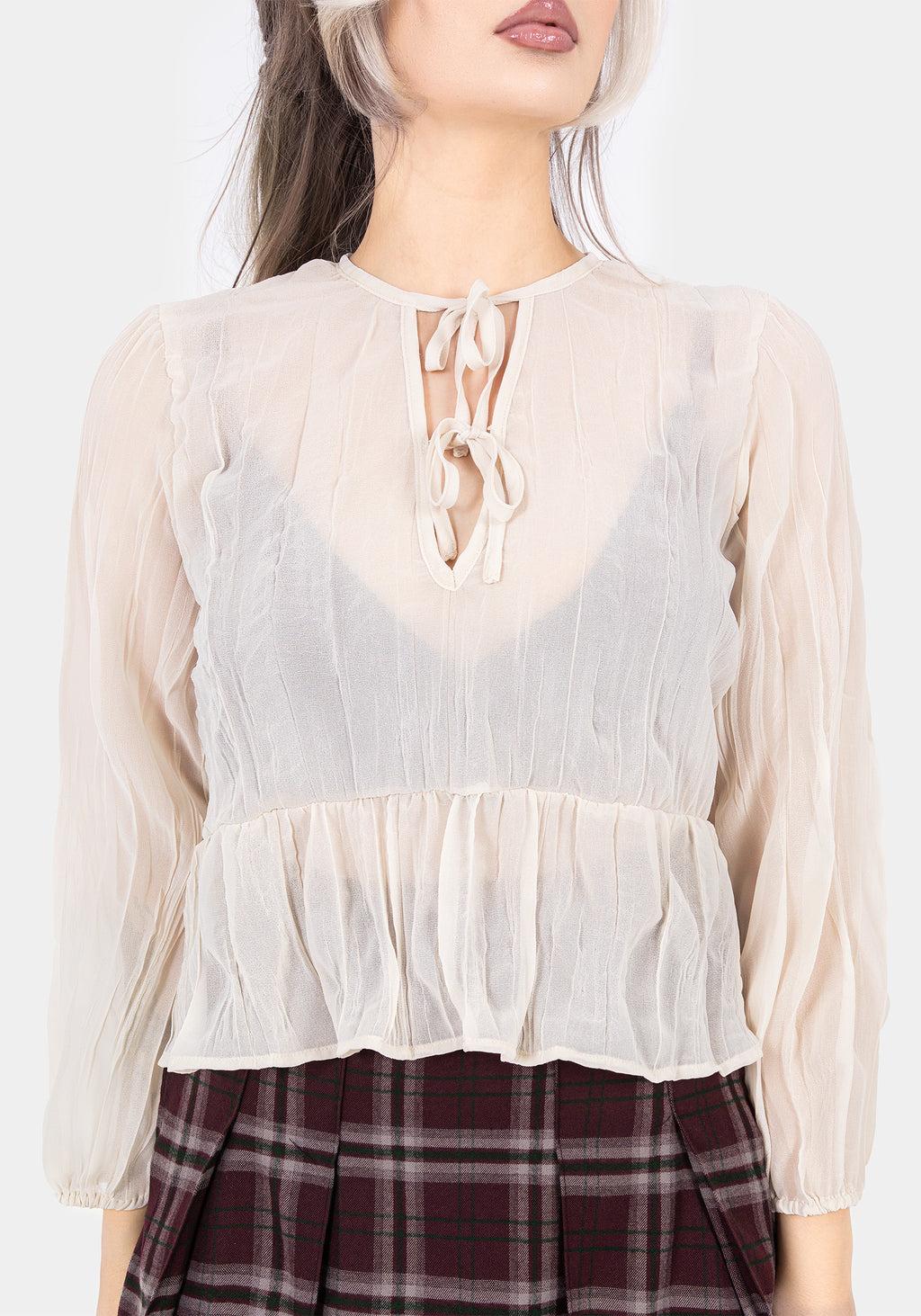 Villain Textured Tie Front Peplum Blouse - White Product Image