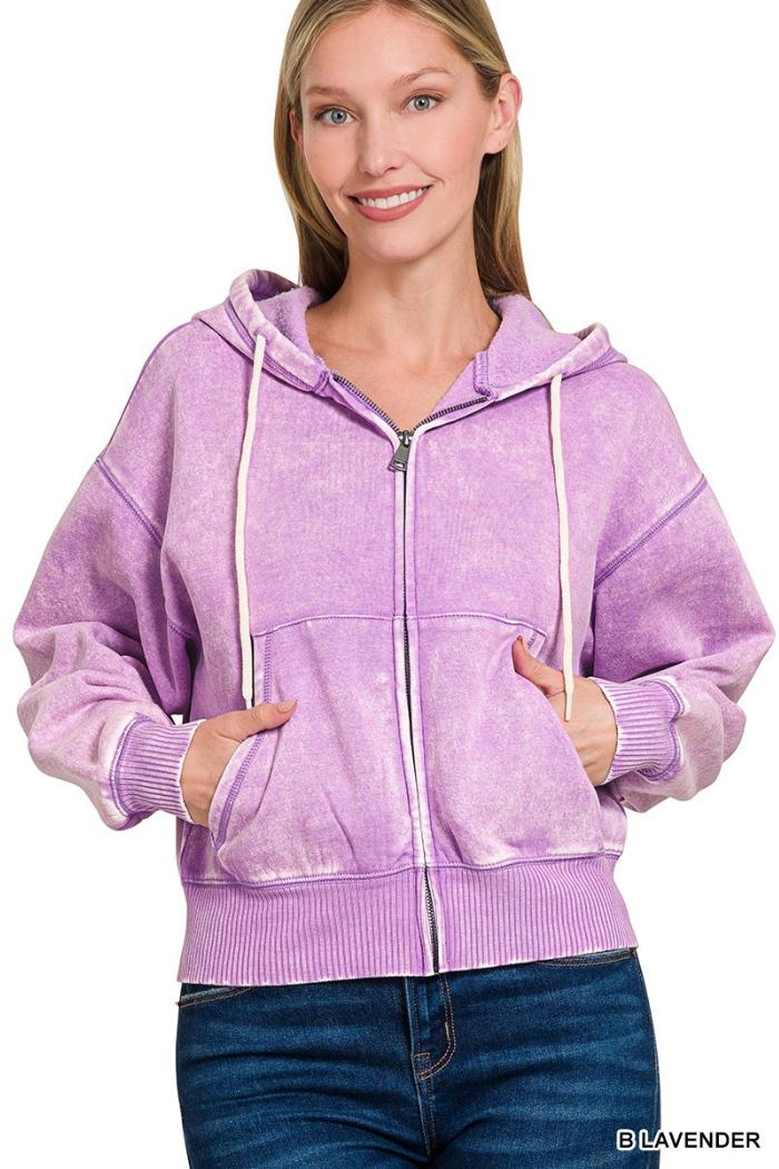 Acid wash fleece cropped zip-up hoodie w pockets Product Image