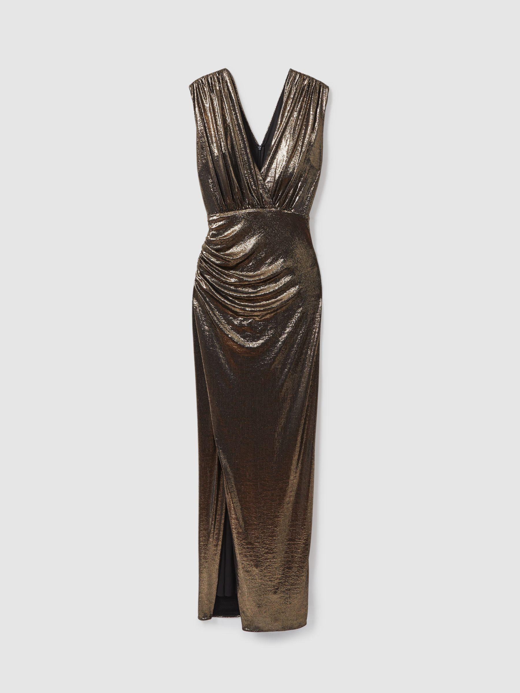 Halston Metallic Ruched Maxi Dress in Gold Product Image