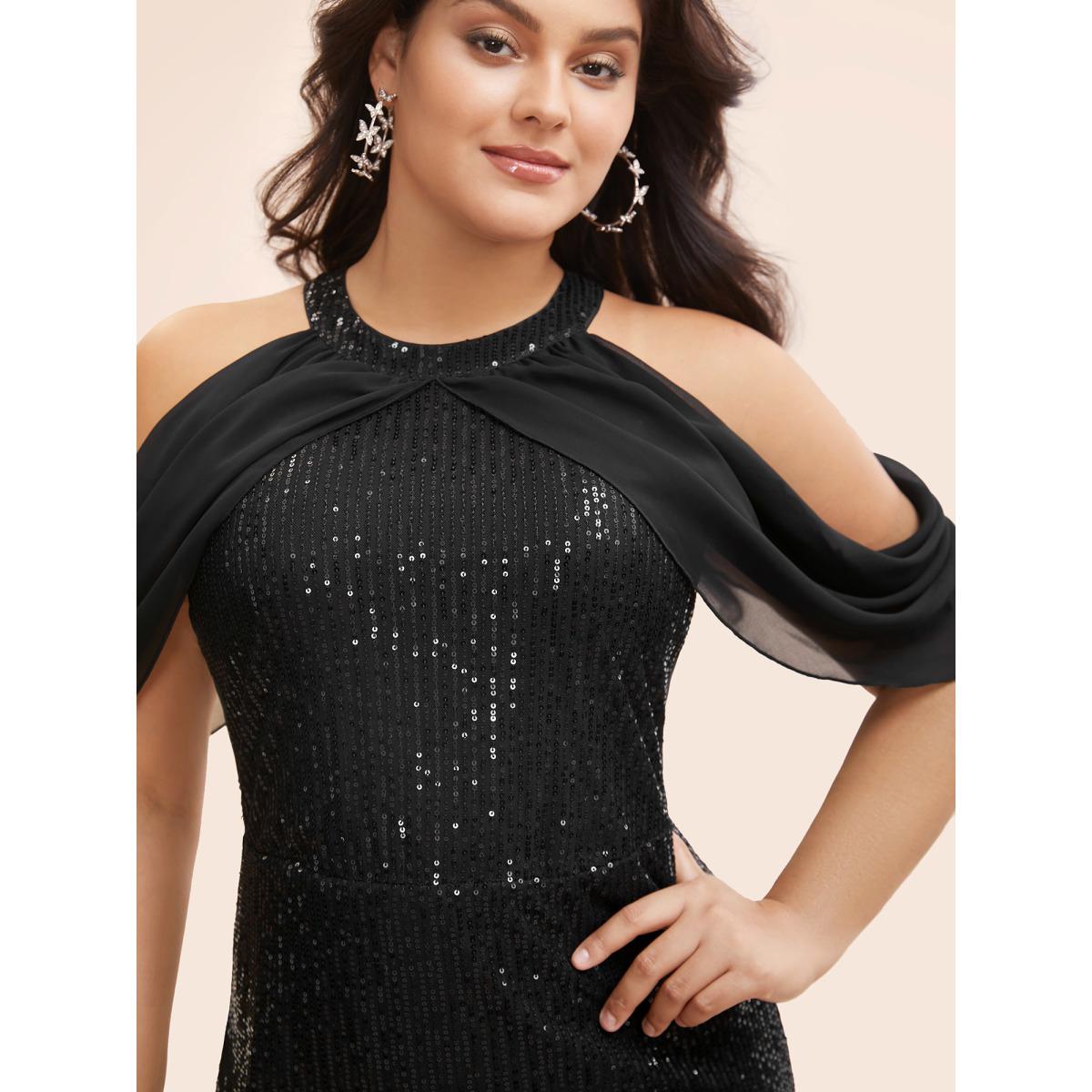 Plus Size Sequin Mesh Off Shoulder Dress Black Women Cocktail Texture Round Neck Short sleeve Curvy BloomChic 28/5X Product Image