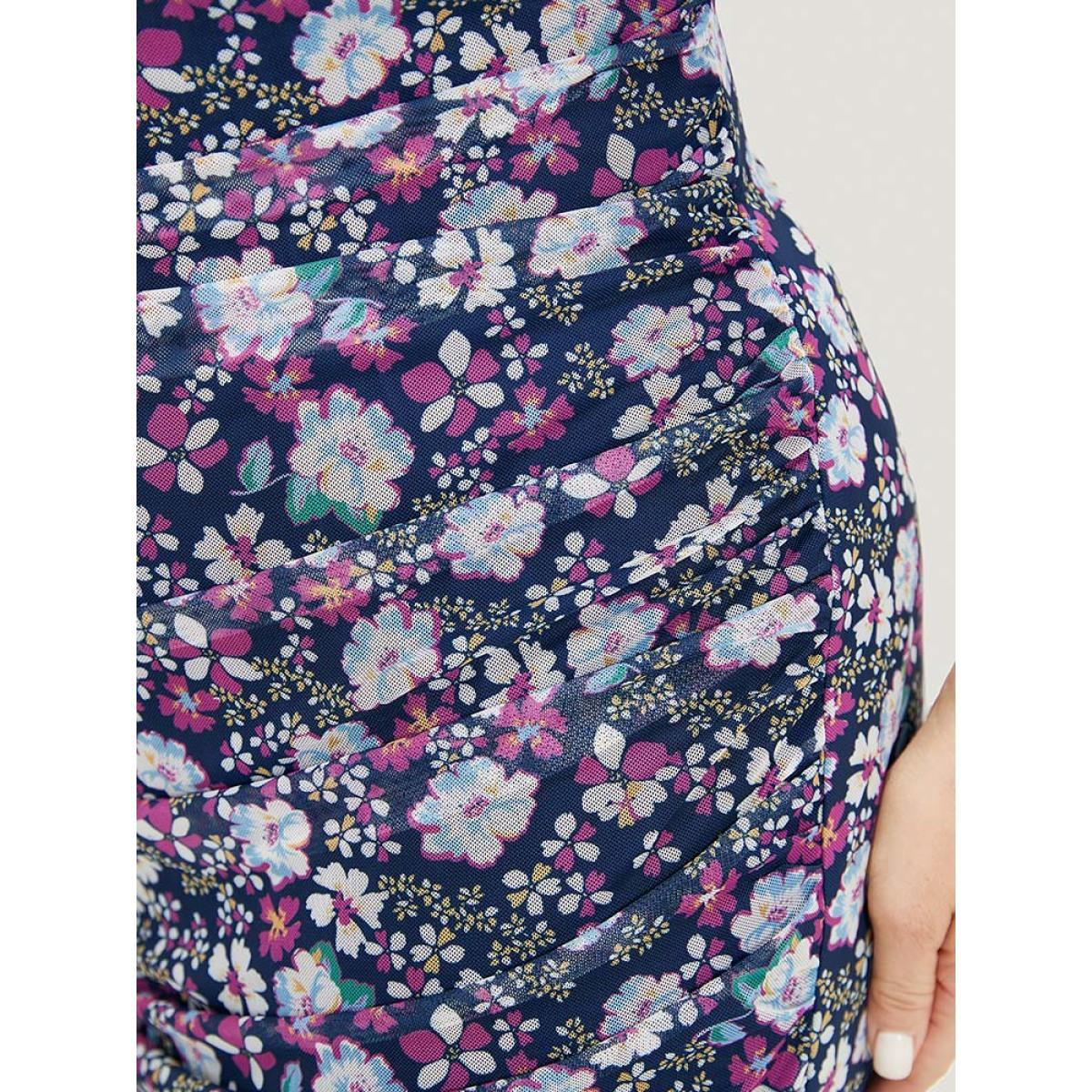 Plus Size Floral Print Ruched Square Neck Dress Stone Women Glamour Gathered Square Neck Short sleeve Curvy Midi Dress BloomChic 30/6X Product Image