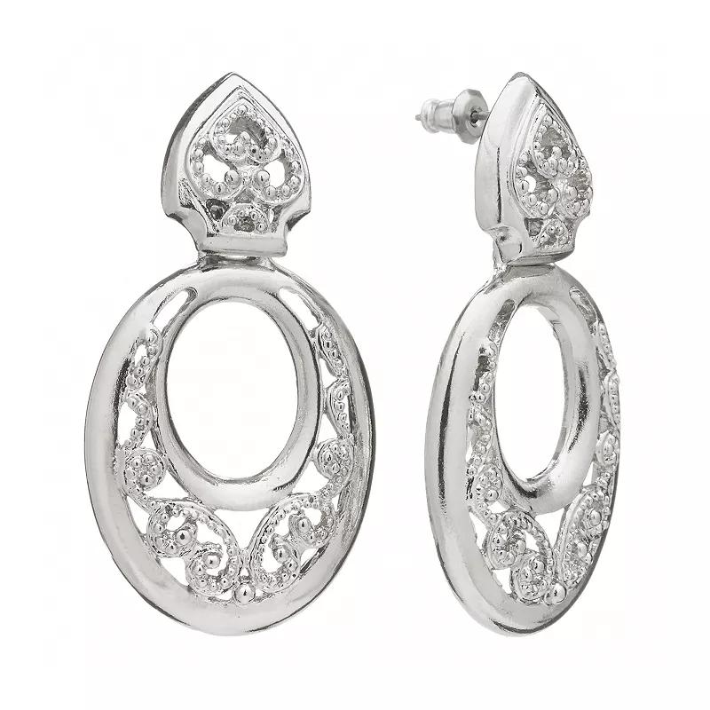 1928 Silver Tone Filigree Oval Drop Earrings, Womens Product Image