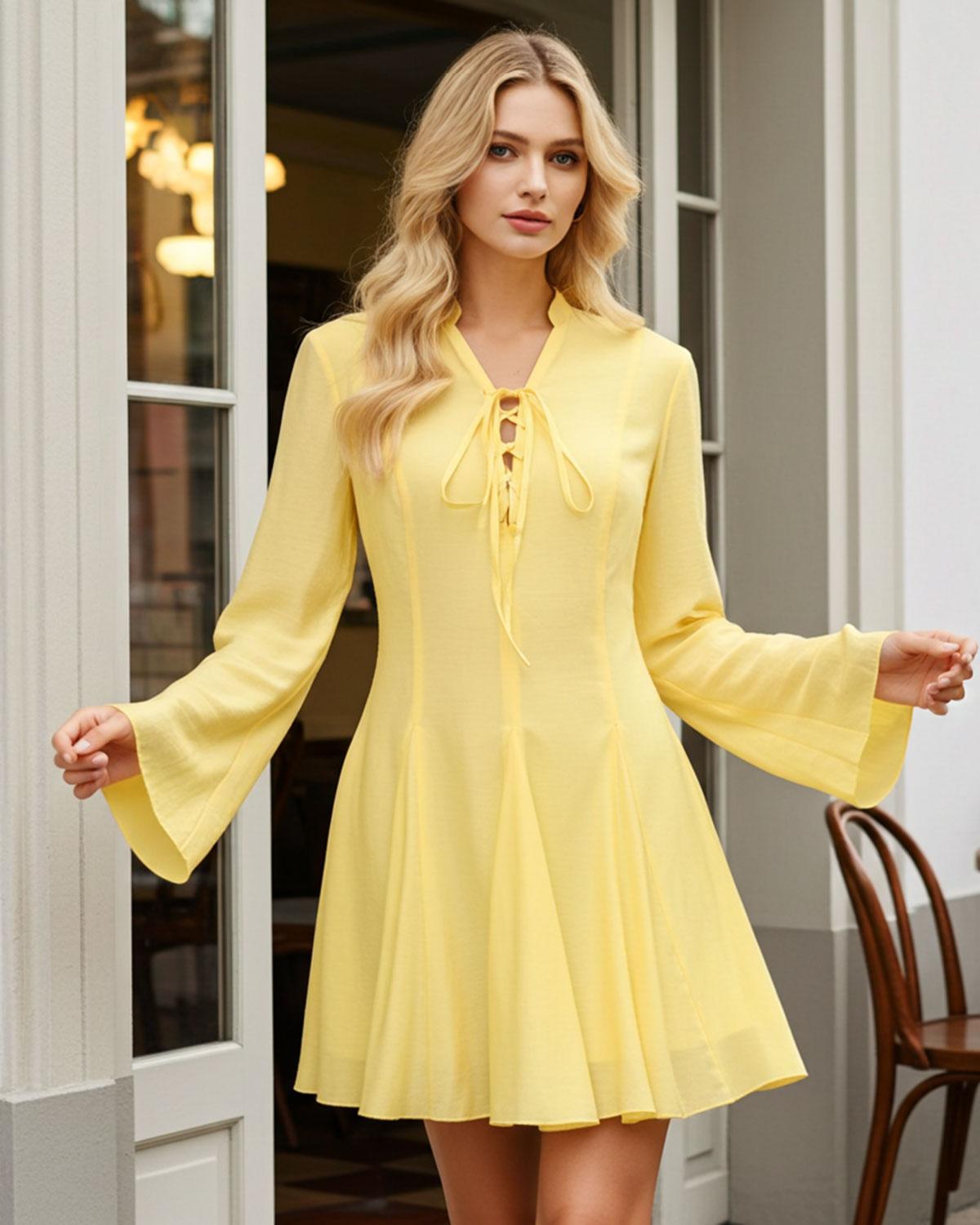 Yellow Bell Sleeve A-Line Mini Dress Product Image
