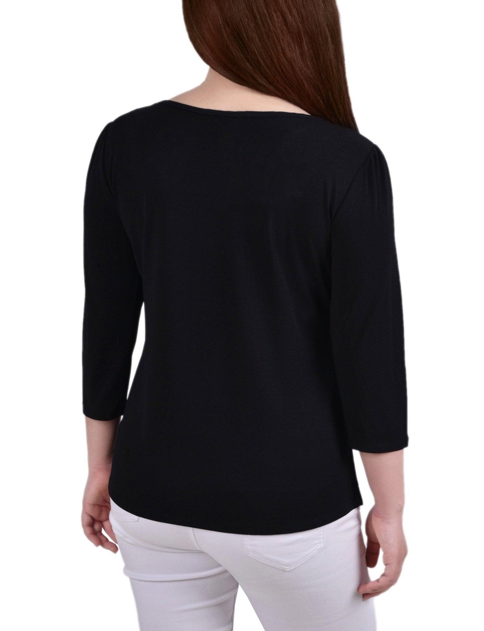 Black 3/4 Crepe Top With Mesh Inset and Studs - Petite Product Image
