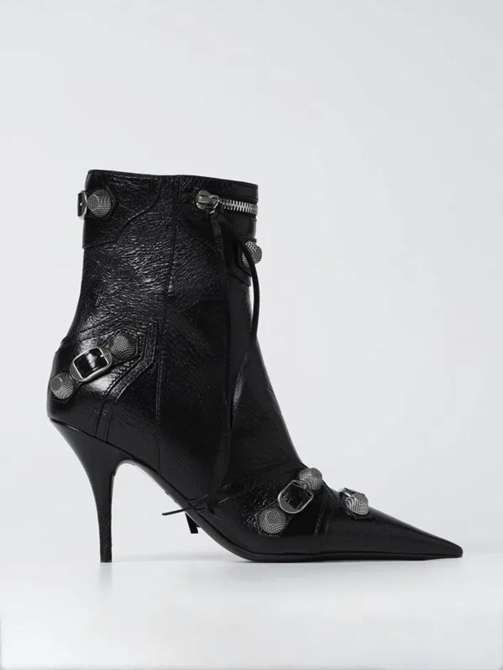 BALENCIAGA Womens Cagole Lambskin Buckle Zip Ankle Booties In Black Product Image