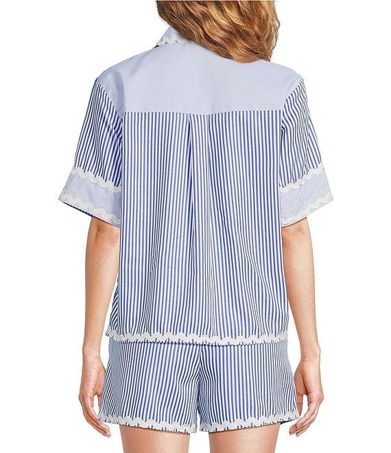 A Loves A Woven Ric Rac Trim Stripe Point Collar Scallop Hem Button Front Coordinating Shirt Product Image
