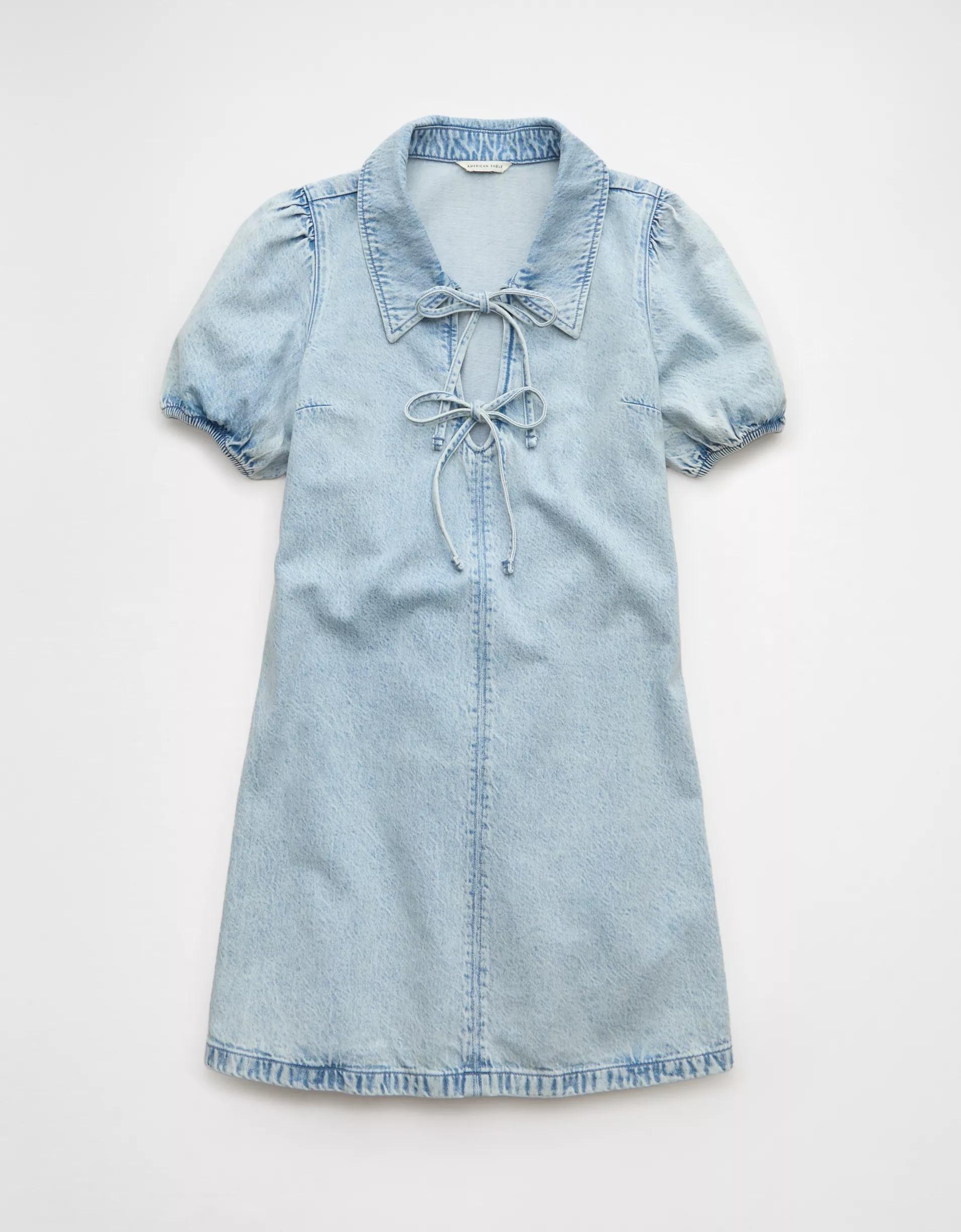 AE Collared Puff Sleeve Tie Front Denim Mini Dress Product Image