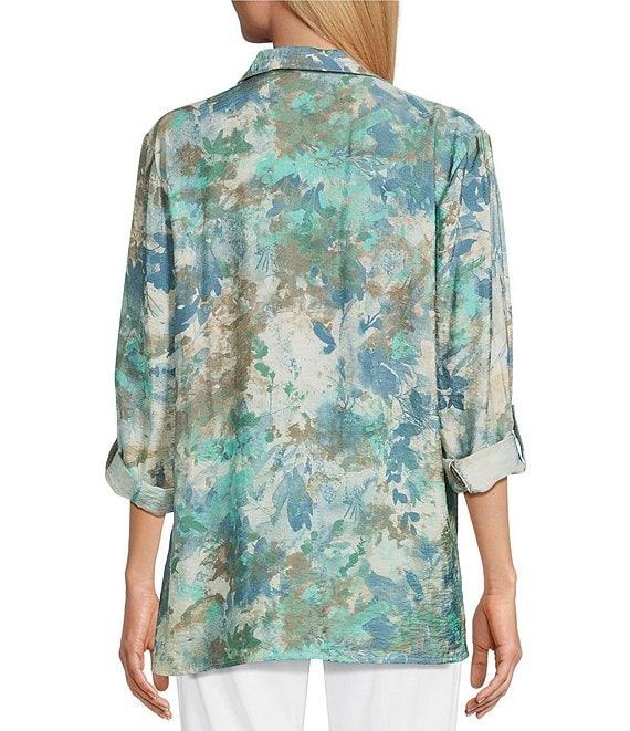 Multiples Crinkle Woven Printed Point Collar 3/4 Cinched Roll Tab Cuff Sleeve Button Front Shirt Product Image