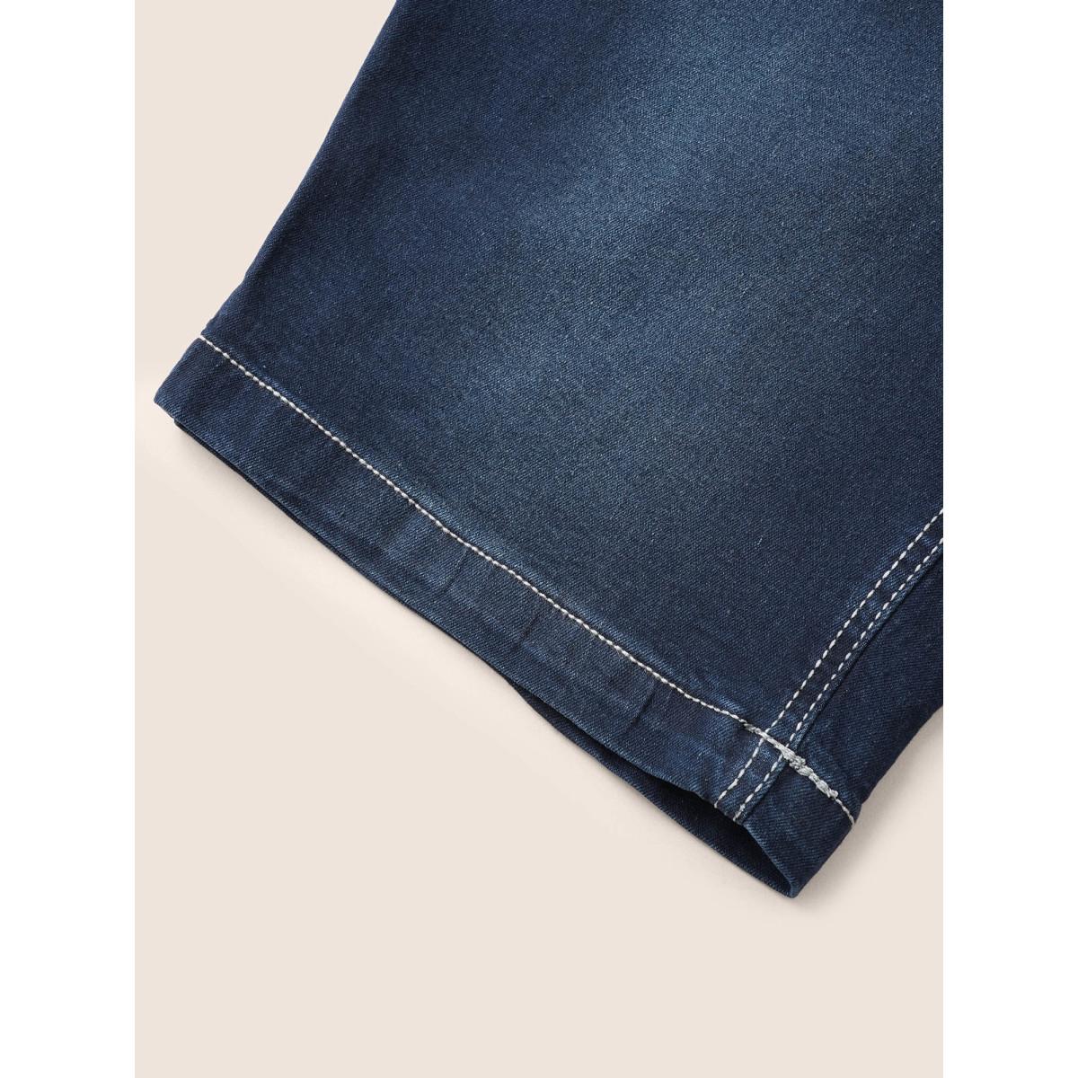 Plus Size Very Stretchy High Rise Dark Wash Denim Shorts Women DarkBlue Casual Plain High stretch Slanted pocket Jeans BloomChic 18/2X Product Image