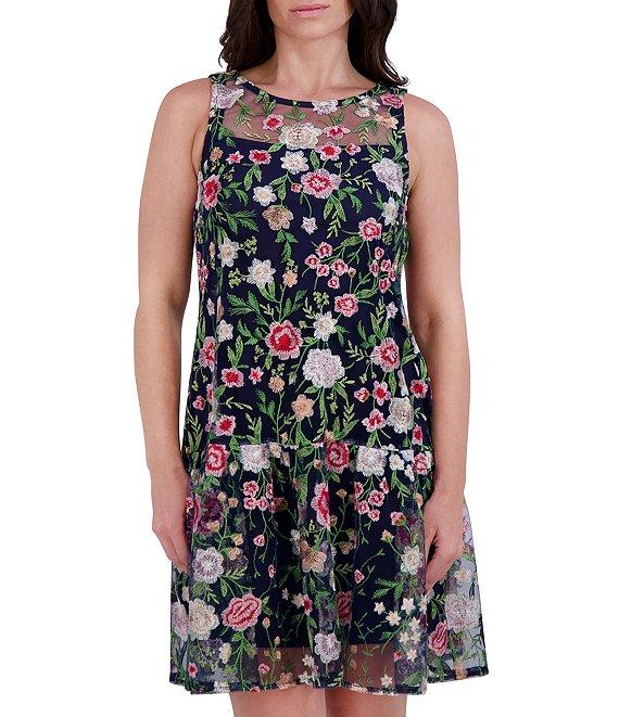 Kensie Embroidered Mesh Floral Print Boat Neck Sleeveless Shift Mini Dress Product Image