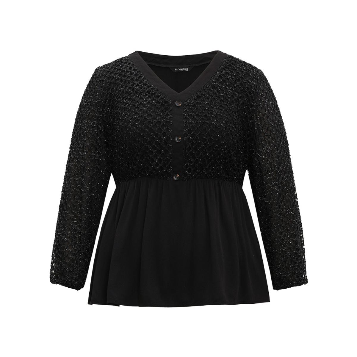 Plus Size Black Glitter Mesh Patchwork Lantern Sleeve Blouse Women Glamour Long Sleeve V-neck Festival-Christmas Blouses BloomChic 10/M Product Image