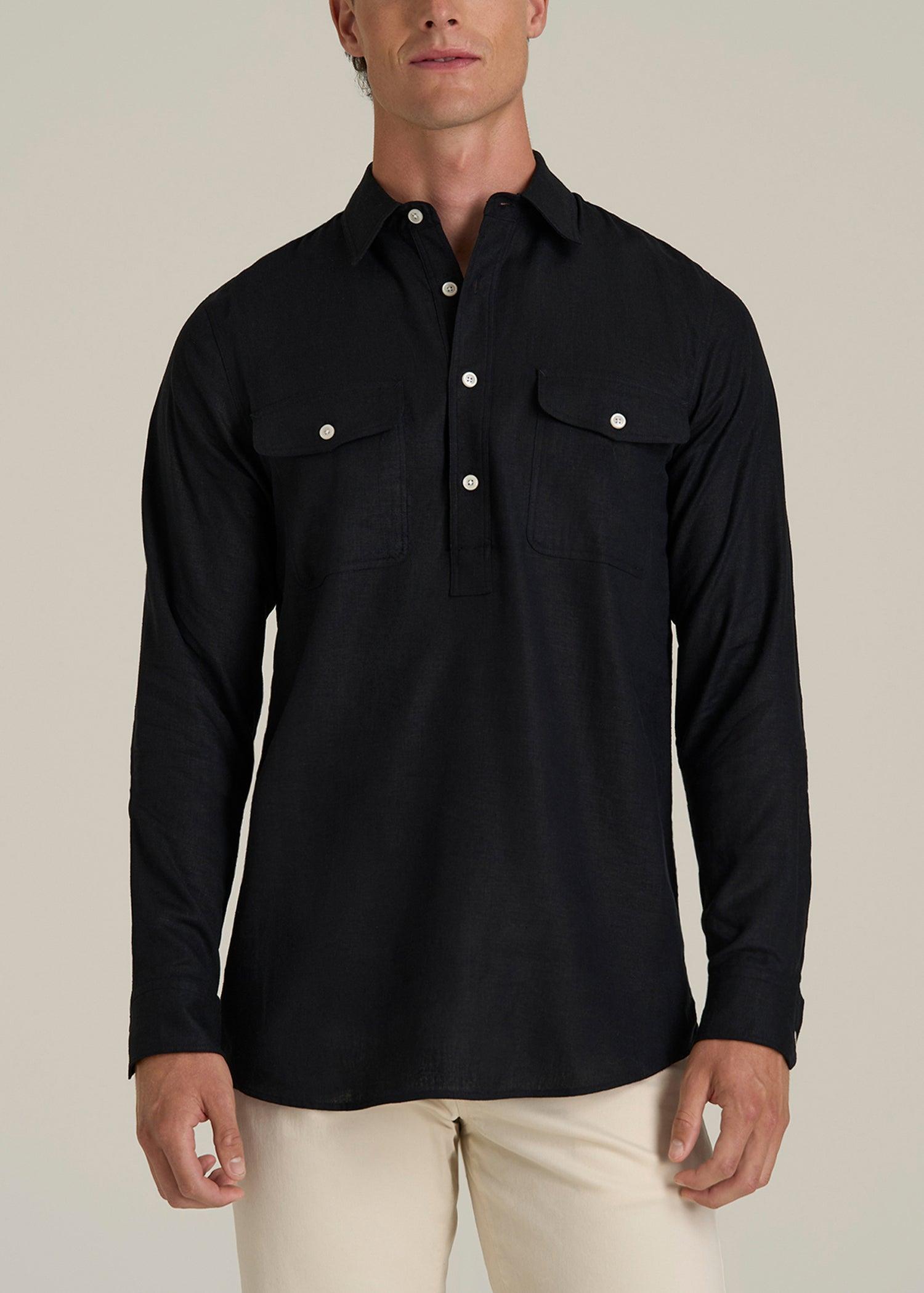 Linen Popover Shirt for Tall Men in Black Male Product Image