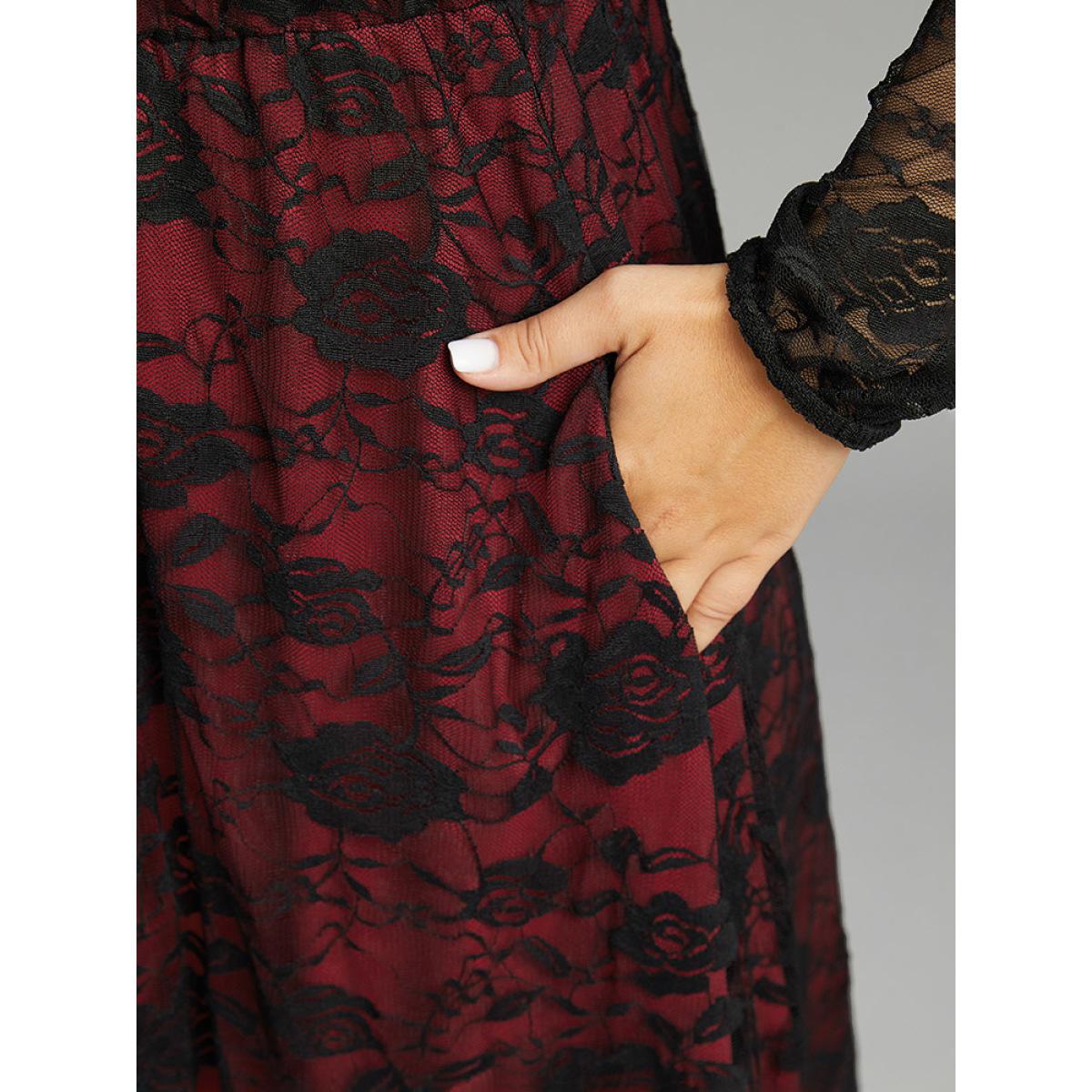 Plus Size Halloween Rose Crochet Lace Mesh Square Neck Dress Black Women Casual See through Square Neck Long Sleeve Curvy Midi Dress BloomChic 18-20/2X Product Image