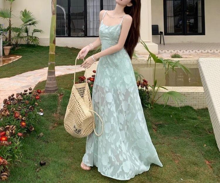 Spaghetti Strap Scoop Neck Floral Sheer Panel Maxi A-Line Dress Product Image