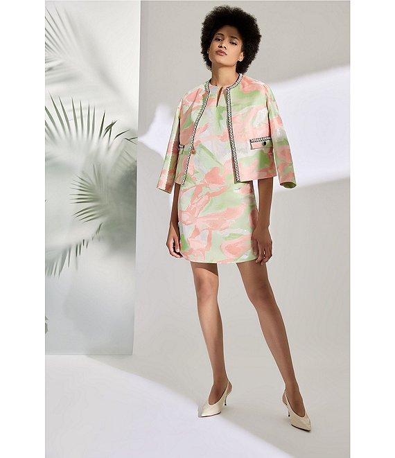 Ming Wang Printed Jacquard Round Neck 3/4 Sleeve Peral Trim Jacket Product Image