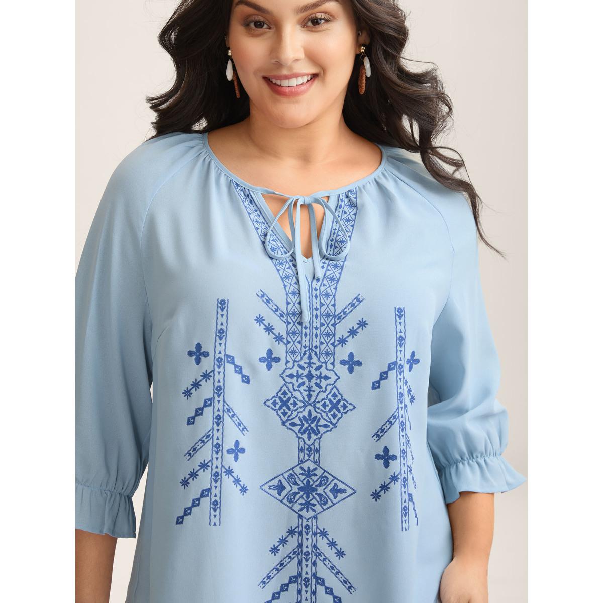 Plus Size LightBlue Boho Print Neck Tassels Shirt Women Resort Elbow-length sleeve Notched collar Vacation Blouses BloomChic 26/4X Product Image
