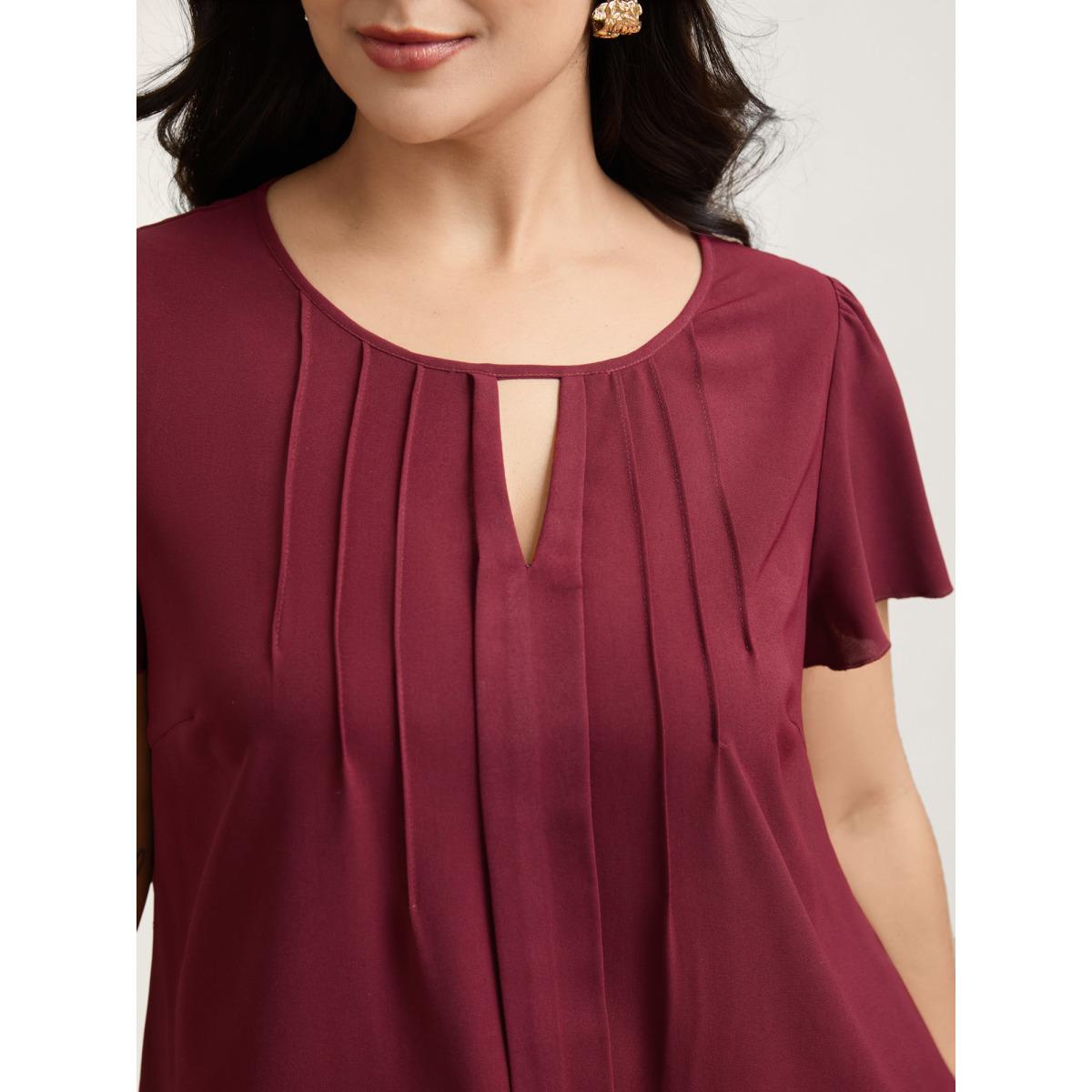 Plus Size Scarlet Plain Neck Cut-Out Pintuck Shirt Women At the Office Short sleeve Round Neck Work Blouses BloomChic 28/5X Product Image