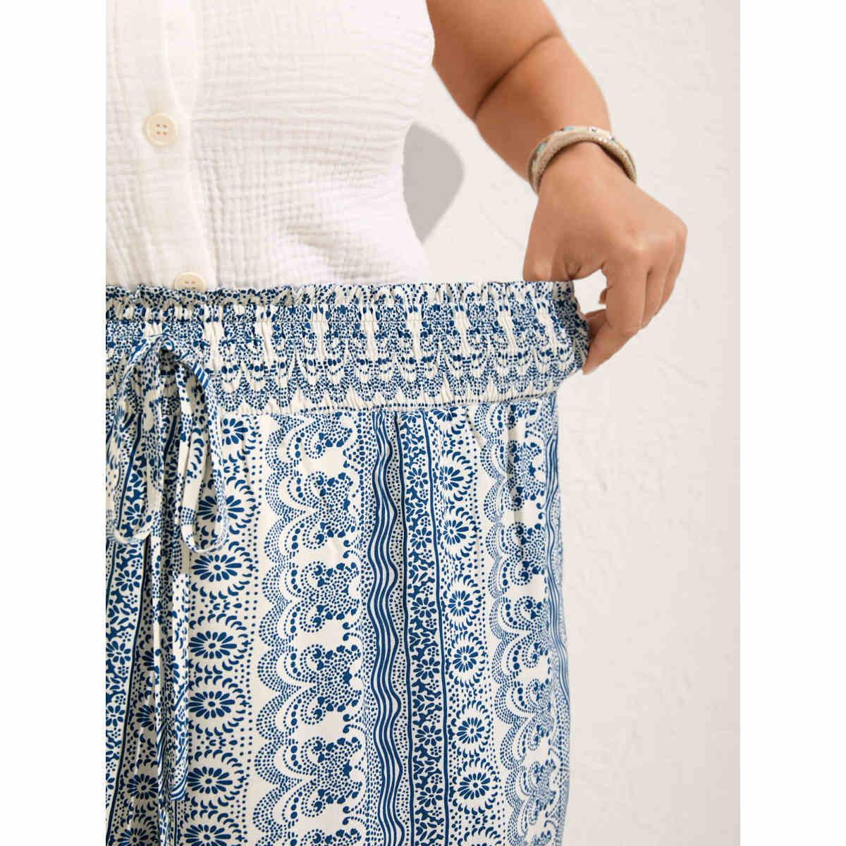 Plus Size Boho Print Shirred Waist Wide-Leg Pants Women Beige Resort Wide Leg Mid Rise Vacation Pants BloomChic 14-16/1X Product Image