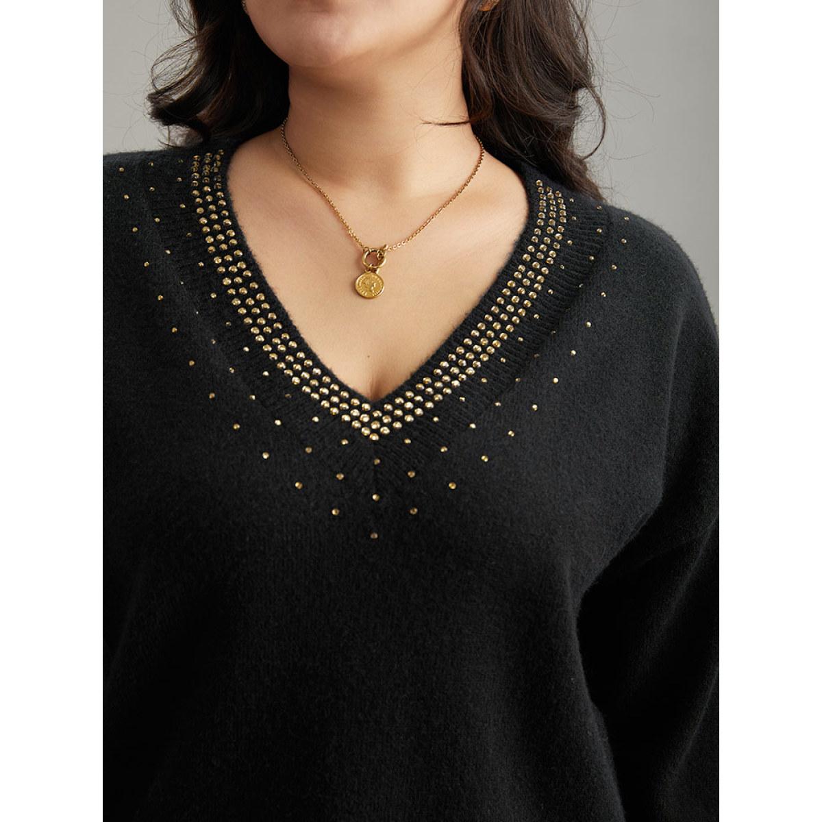 Plus Size Anti-Pilling Rhinestone Drop Shoulder Pullover Black Women Casual Loose Long Sleeve V-neck Dailywear Pullovers BloomChic 10/M Product Image