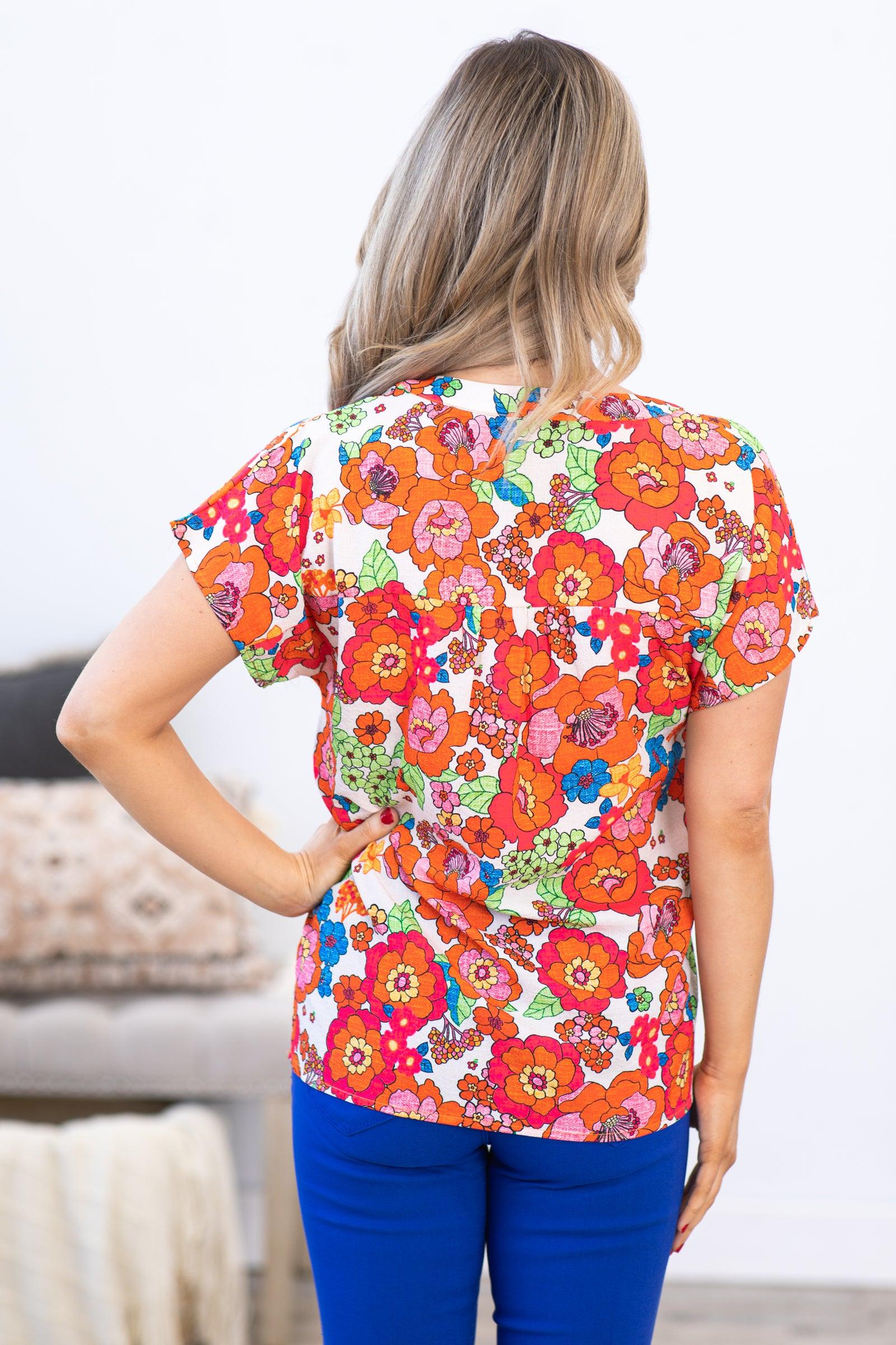 Orange Multicolor Floral Notch Neck Top Product Image