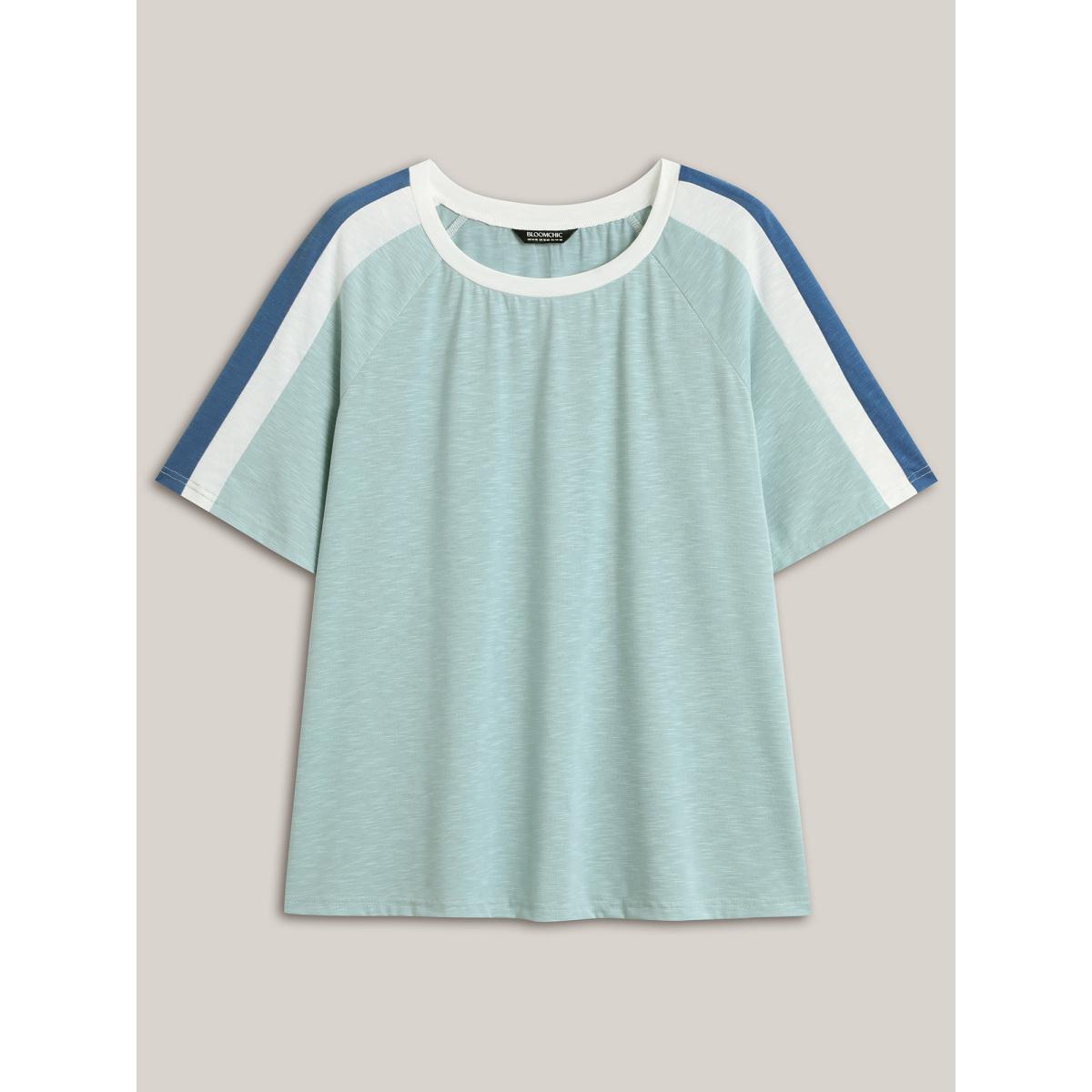 Plus Size Color Block Shoulder Flowy T-Shirt Mint Women Leisure Contrast Round Neck Casual T-shirts BloomChic 18-20/2X Product Image