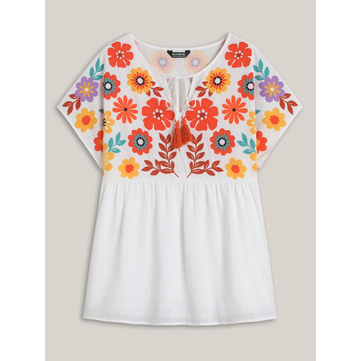 Plus Size WhiteSmoke Floral Print Neck-Tie Babydoll Top Women Resort Short sleeve Non Vacation Blouses BloomChic 28/5X Product Image