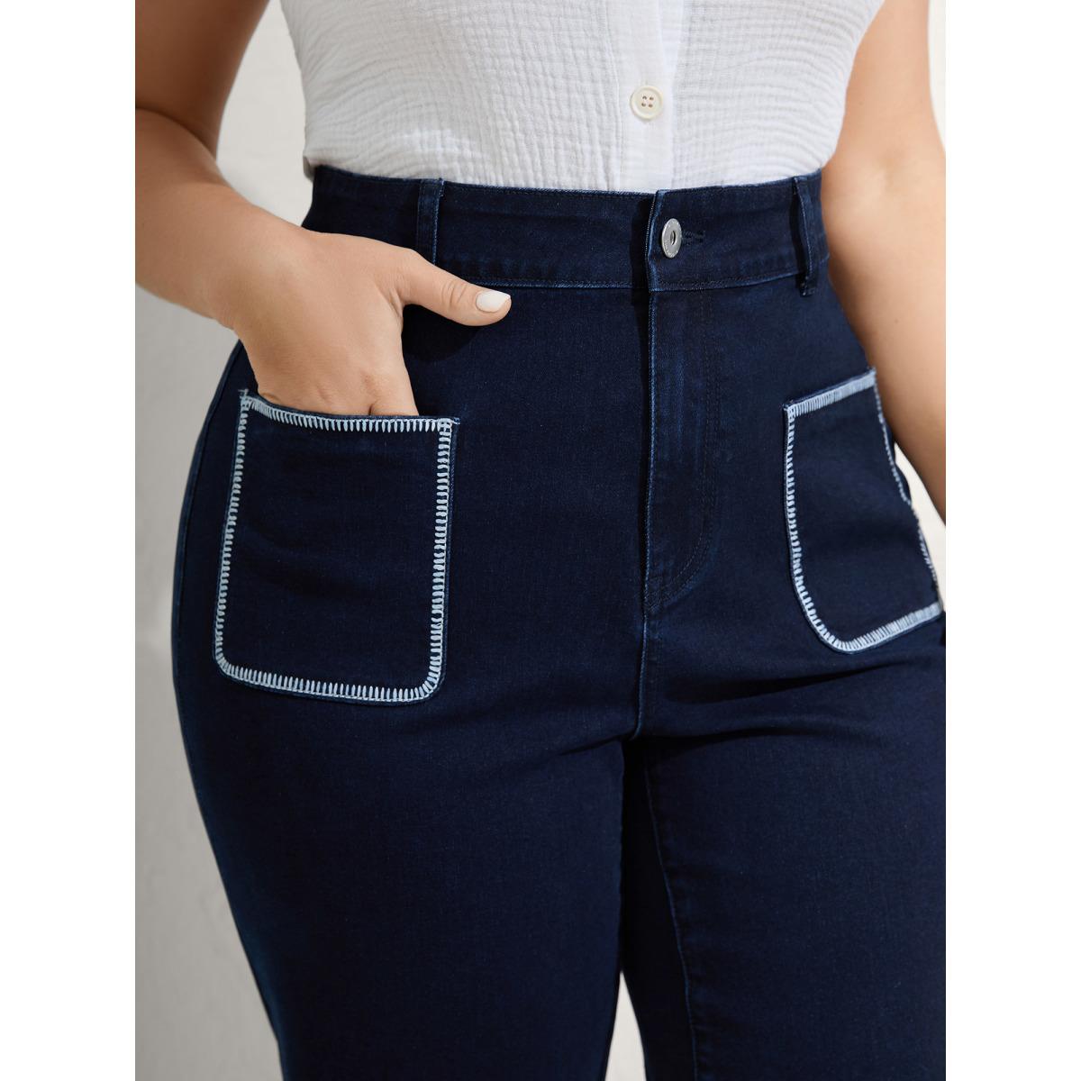 Plus Size Embroidered Front Pockets Straight-Leg Jeans Women Midblue Leisure High stretch Slanted pocket Jeans BloomChic 16/1X Product Image