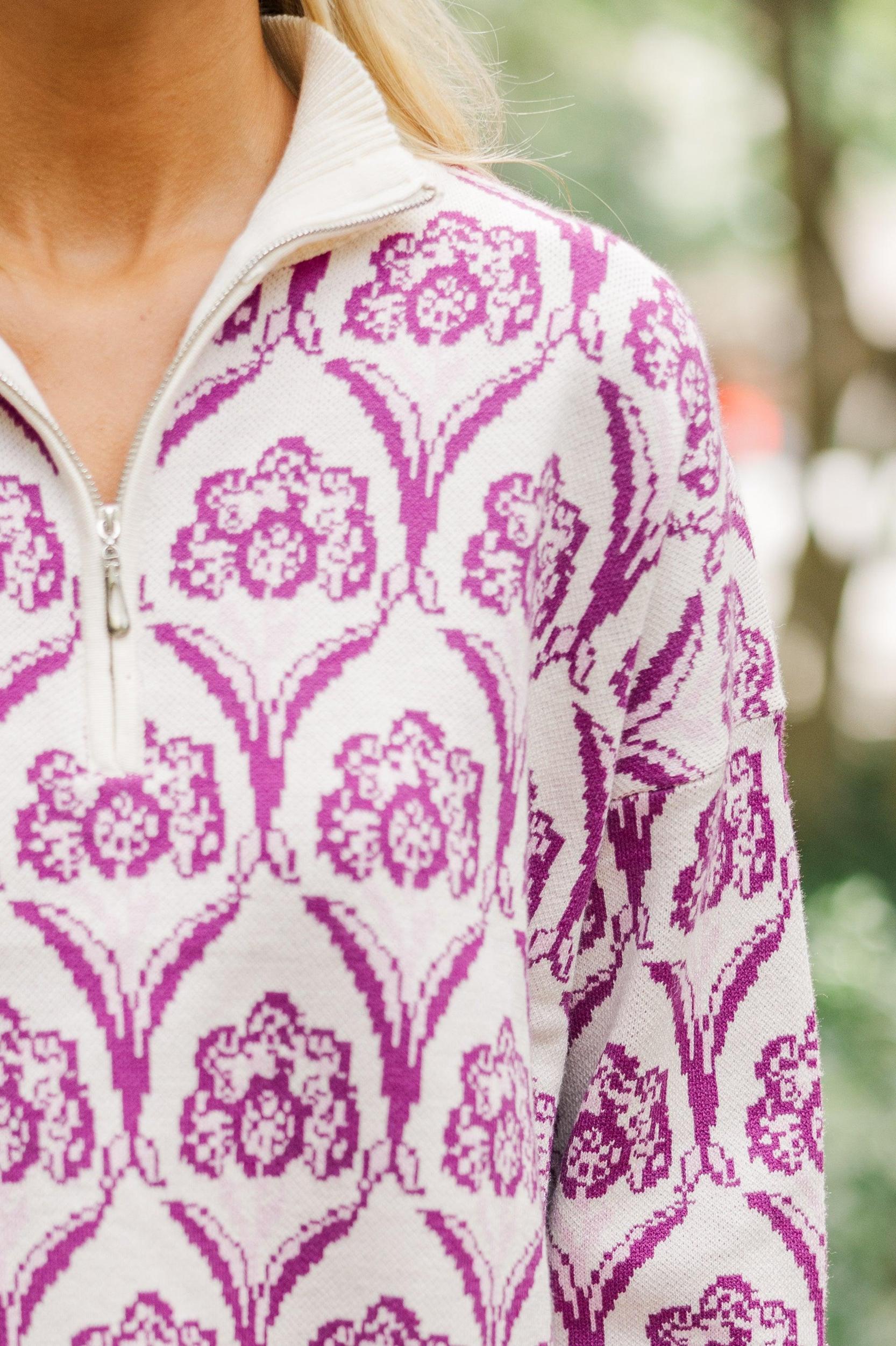 Cross Your Mind Magenta Printed Pullover Sweater Female Product Image