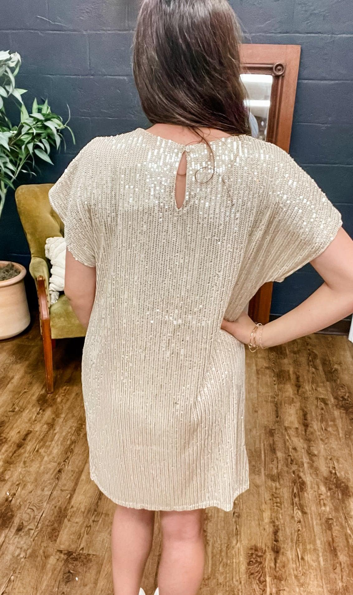 The Audrey | Taupe Short Sleeve Sequin Dress (Small to Large) Product Image