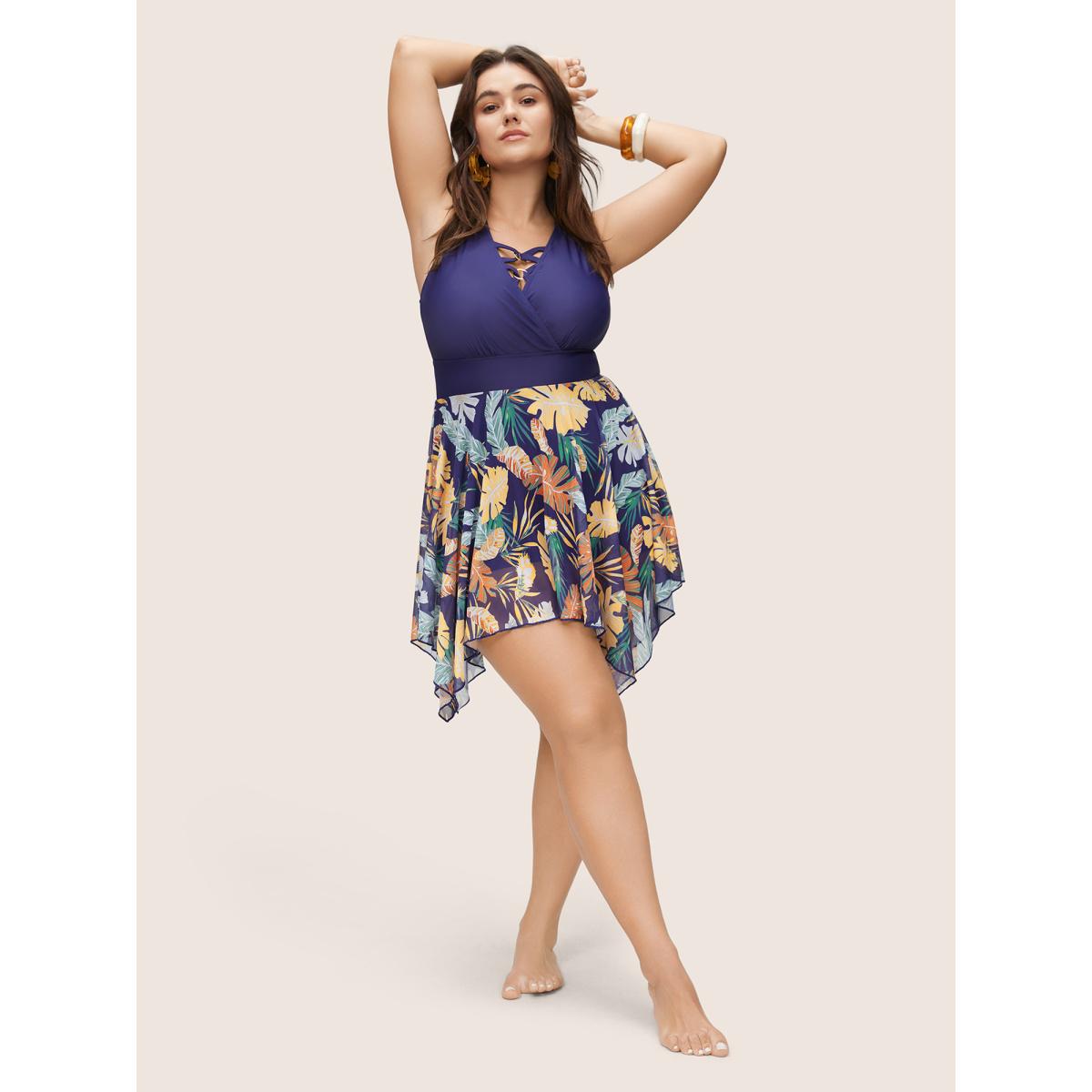 Plus Size Tropical Print Patchwork Crisscross Hanky Hem Swim Dress Women's Swimwear Indigo Vacation Bodycon Overlap Collar High stretch Curve Swim Dresses BloomChic 30/6X Product Image