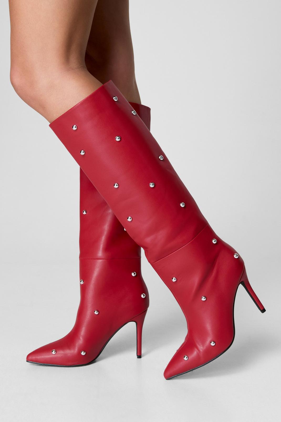 Faux Leather Dome Stud Knee High Boots Product Image