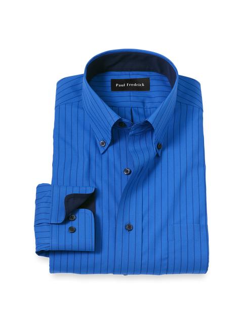 Non-Iron Cotton Stripe Dress Shirt With Contrast Trim - Blue Product Image