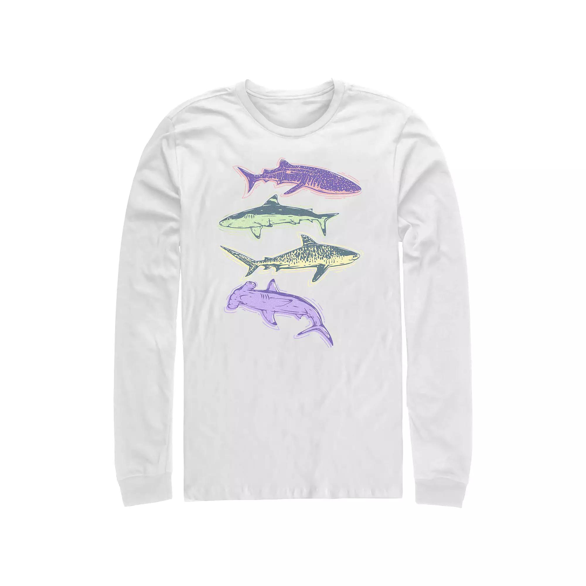 Men's Colorful Sharks Long Sleeve Graphic Tee,  Product Image