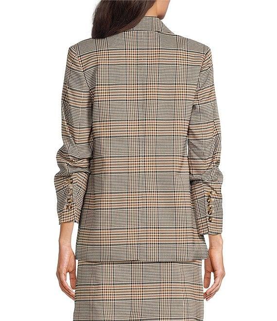tyler boe Coordinating Blair Stretch Woven Buckingham Plaid Peak Lapel 3/4 Ruched Sleeve Double Breasted Jacket Product Image