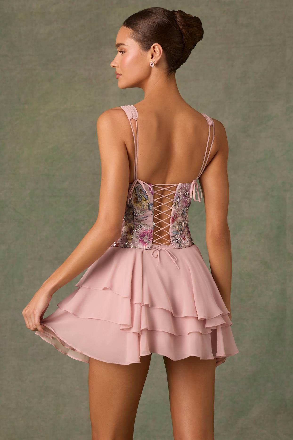 Embellished Ruffled Corset Mini Dress in Floral Pink Product Image